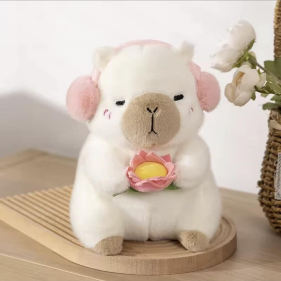 White Capybara Holding Lotus Flower